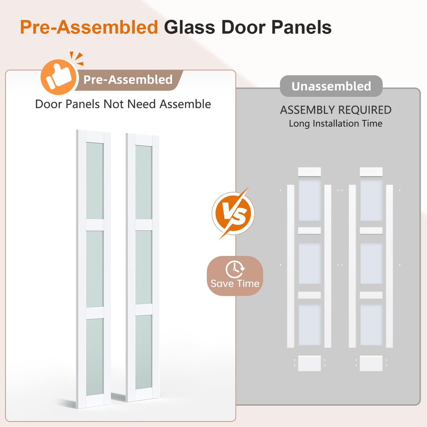 EaseLife Preassembled Bi-Fold Doors, for 24"x 80" Opening,Tempered Frosted Glass Closet Folding Barn Door with Concealed Hardware Kit,MDF Wood Panel,Water-Proof PVC Surface,Easy Installation