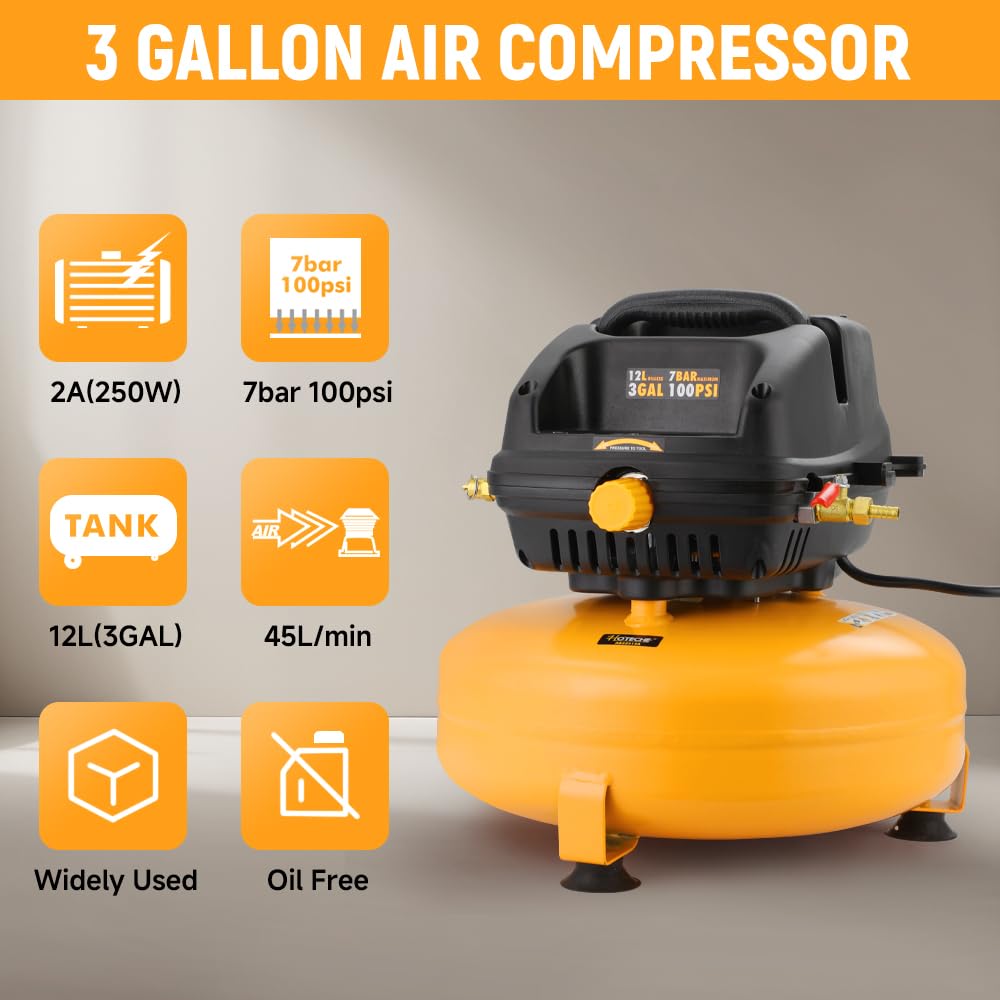 Hoteche 3 Gallon Air Compressor, 1/3HP Portable Air Compressor 100PSI Max Working Pressure, Oil-Free Compressor Tank for Tire Inflation, Spray Painting, Woodwork Nailing, 4700RPM