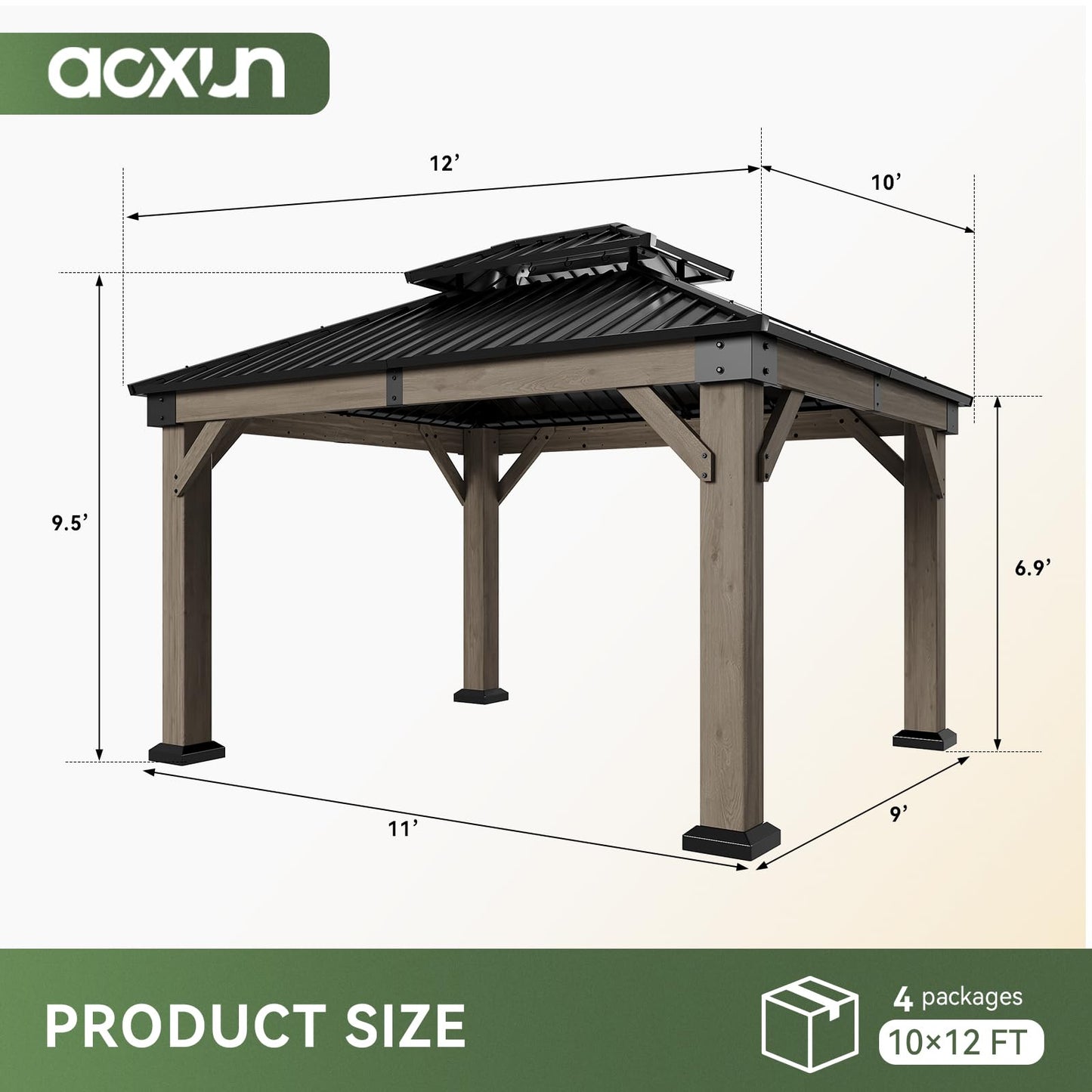 Aoxun 10' x 12' Outdoor Cedar Wood Hardtop Carport, Heavy Duty Gazebo with Double Galvanized Steel Roof, All-Weather Wind & Snow Resistant Permanent Pavilion for 2 Cars, Boat, Patio, Backyard
