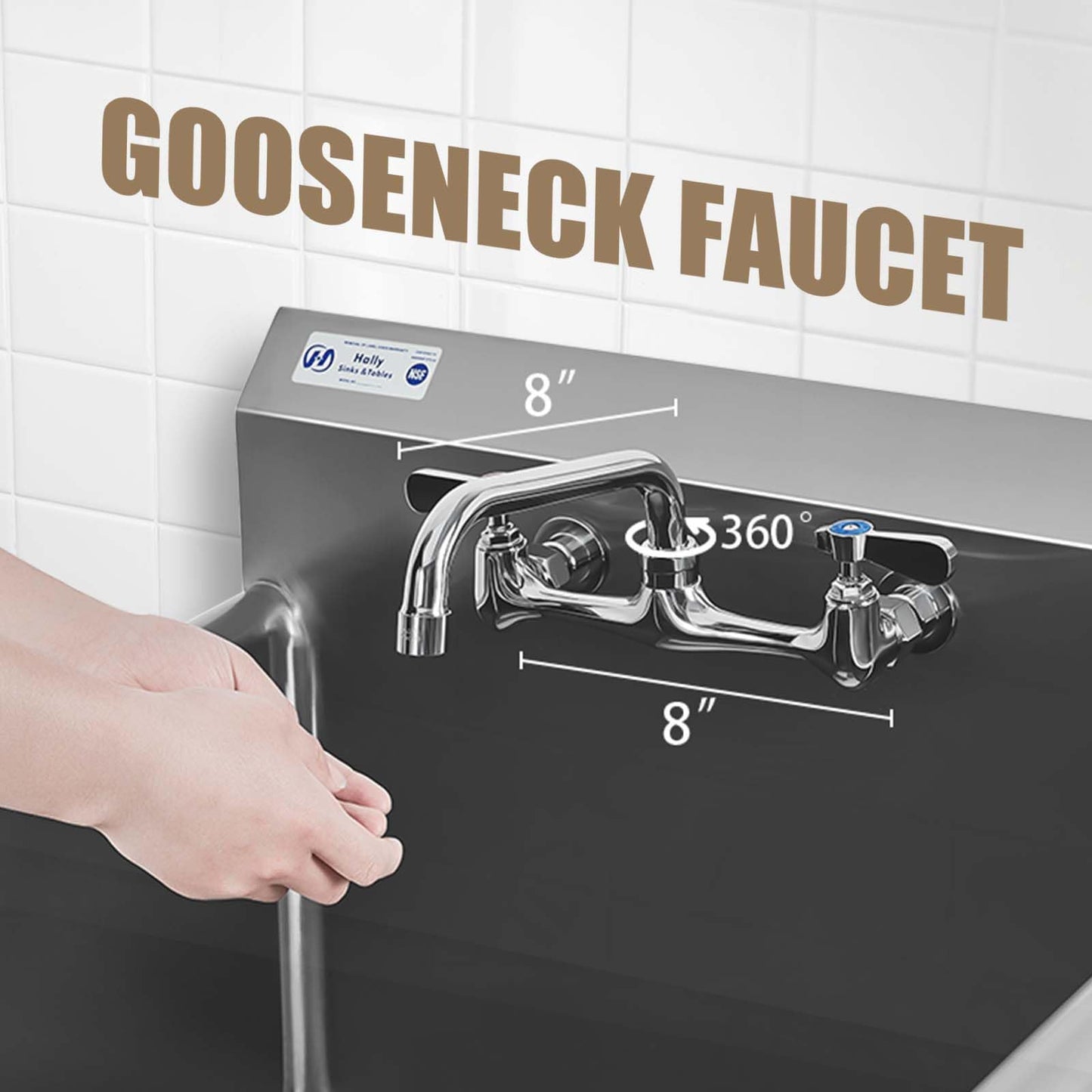 HALLY Commercial Stainless Steel Sink 1 Compartment NSF Prep & Utility Sink with 8" Faucet 15" L x 15" W x 12" D Bowl for Bar, Restaurant, Kitchen, Hotel and Home