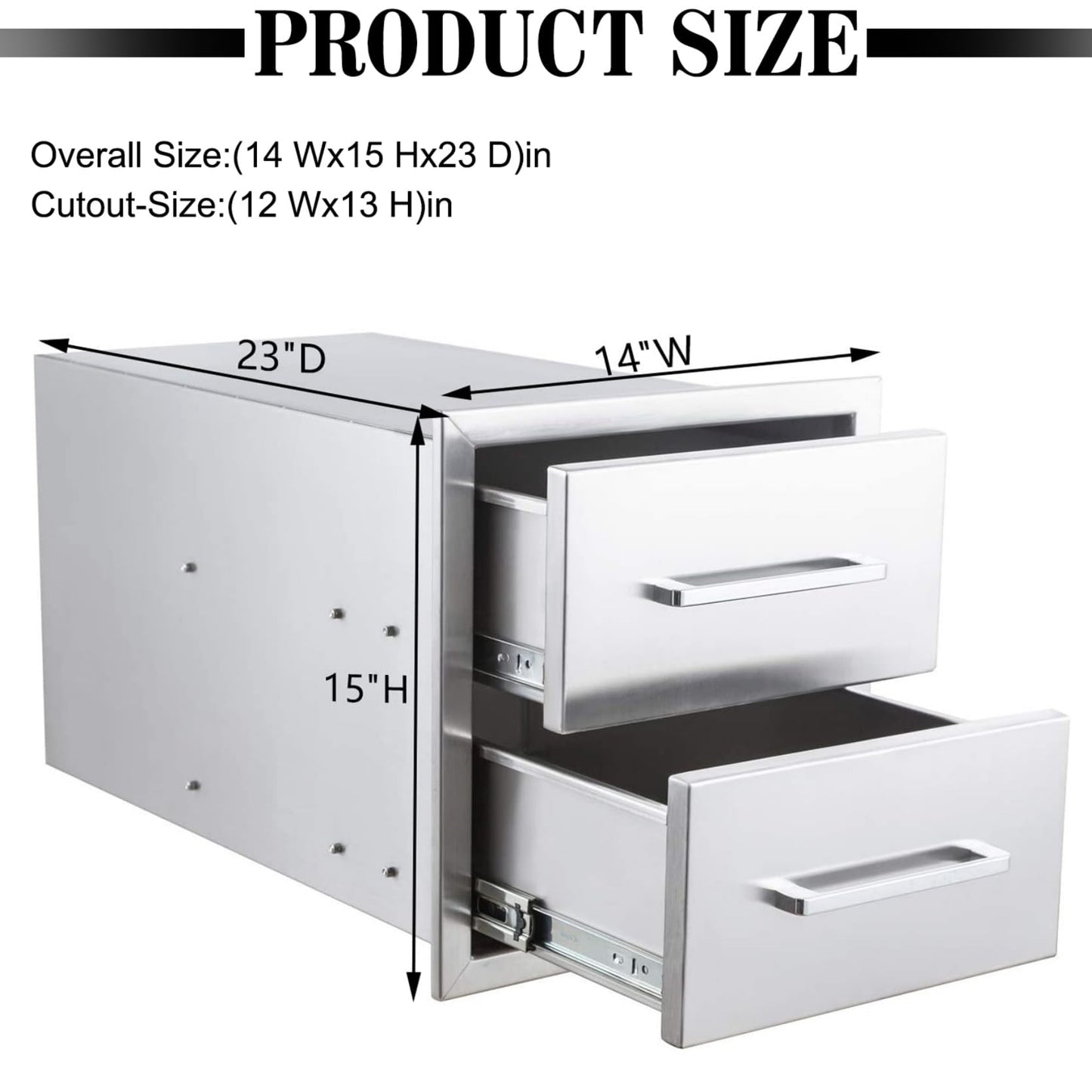 ZHAIUPON Outdoor Kitchen Access Drawers, 14" W15"H23"D Stainless Steel Double BBQ Drawers with Handle,Enclosed Built-in Flush Mount Drawers for Outdoor Kitchen Grilling,BBQ Island