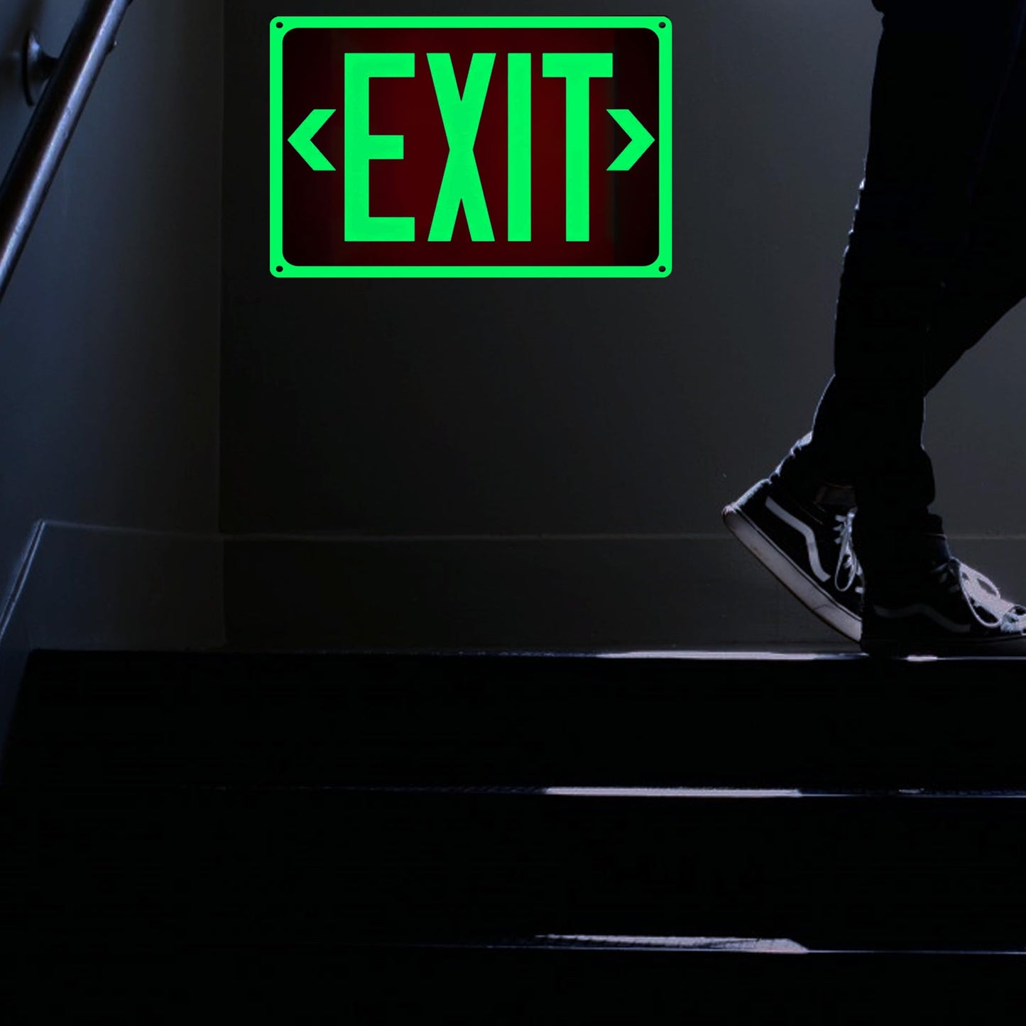 4Pack Photoluminescent Exit Sign Aluminum - 14x10 Inches Glow In Dark Exit Sign with Adhesive Backing - Removable Arrows Included - Non Electrical Red Exit Light For 50 Feet Visibility