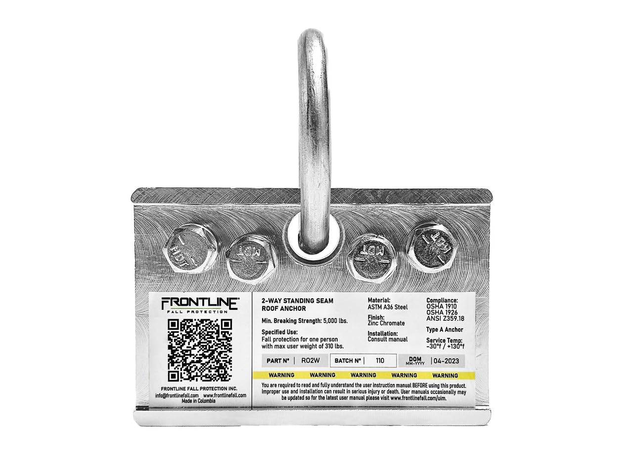 Frontline RO2W 2-Way Standing Seam Roof Anchor Clamp | Rugged, Reusable & Compact | OSHA & ANSI Compliant Steel anchor | Strength Rating: 5,000 lbs | Bolts and washers included