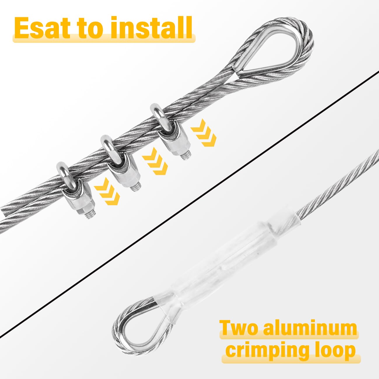 5/16" Steel Cable, Sunuwk 150Ft 7x19 Strand Aircraft Cable with Loops, 9800 Lbs Breaking Strength, Heavy Duty Wire Rope with Clamps and Thimbles, for Zipline, Fencing, Deck Railing, Winch Cable