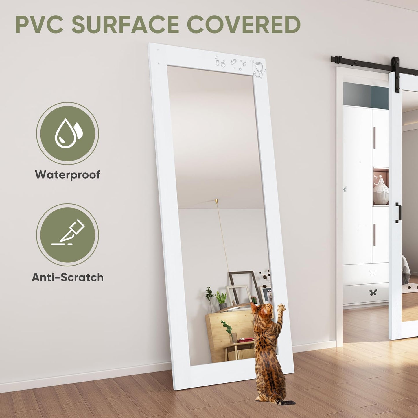 JUBEST 42x84 in Mirror Barn Door and 7FT Sliding Door Hardware Kit Included, White Full Length Mirror, Solid Wood Panel Covered with Water-Proof PVC Surface, No Assembly Required