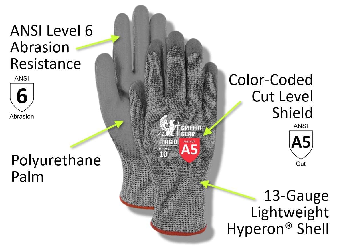 MAGID Griffin Gear ANSI A5 Polyurethane Palm Coated Work Gloves, 24 Pairs, Size 10/XL (GPD591)