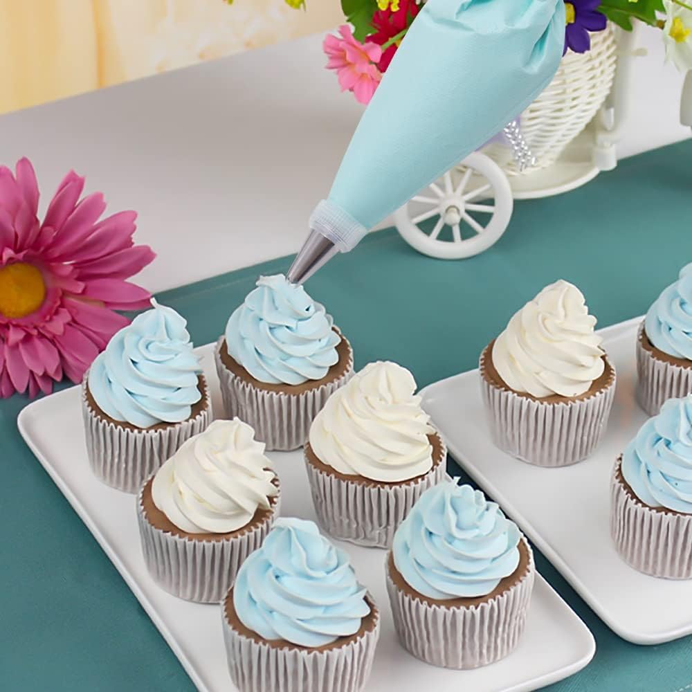 Skiennix Piping Bags and Tips Set - 100 Pcs 12 Inch Disposable Icing Bags for Cake Decorating | Includes Reusable Bag, Couplers, 12 Frosting Tips, 2 Ties & 3 Scrapers