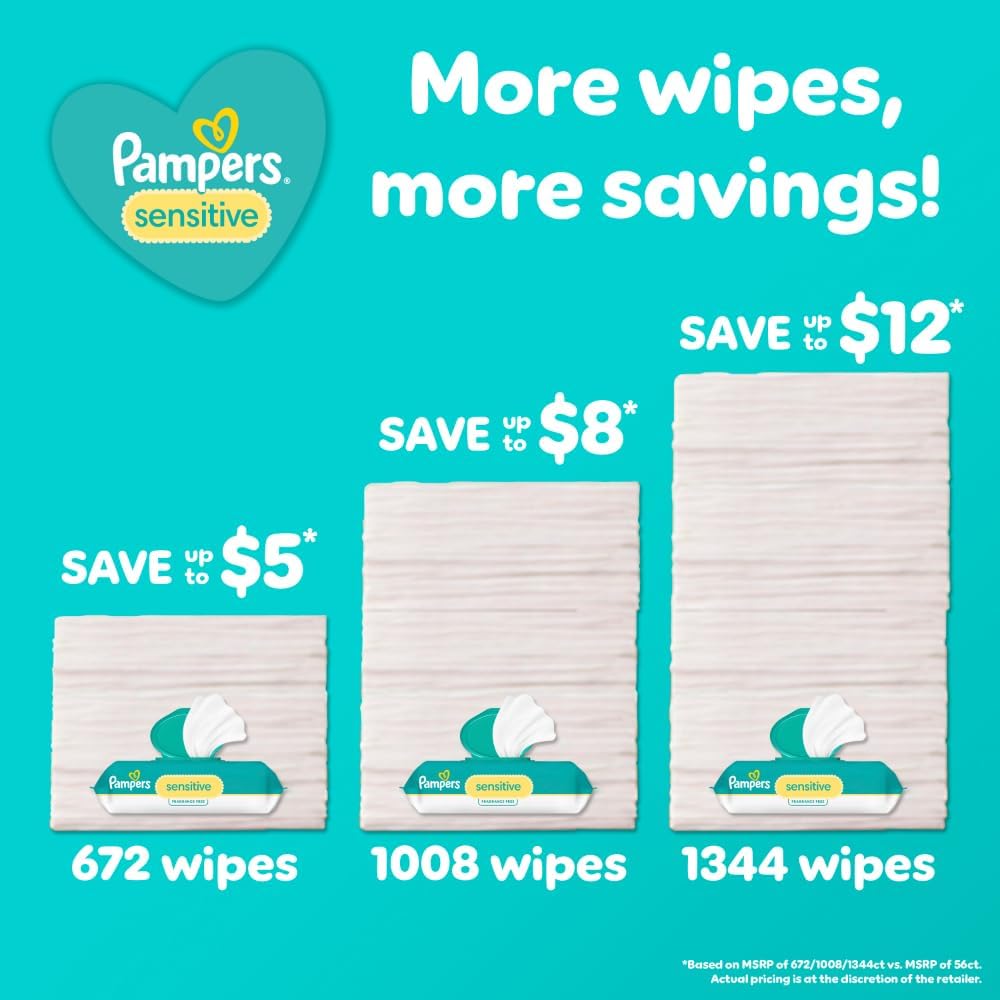 Pampers Baby Wipes - Sensitive Water-Based, Hypoallergenic & Unscented | 336 Wipes in 4 Packs