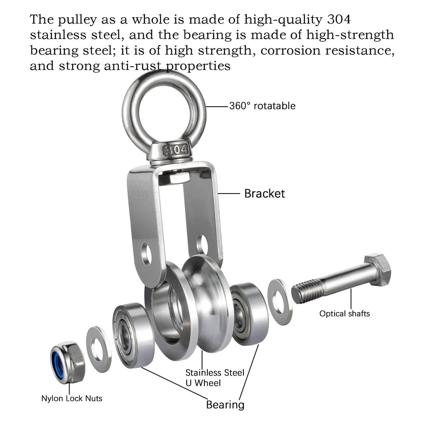 SHINICO Cable Pulley Wheel, Swivel Single Pulley Block, 304 Stainless Steel, Bearing Inside, Heavy Duty Good for Pulley System Gym Equipment, Loading 1100lb