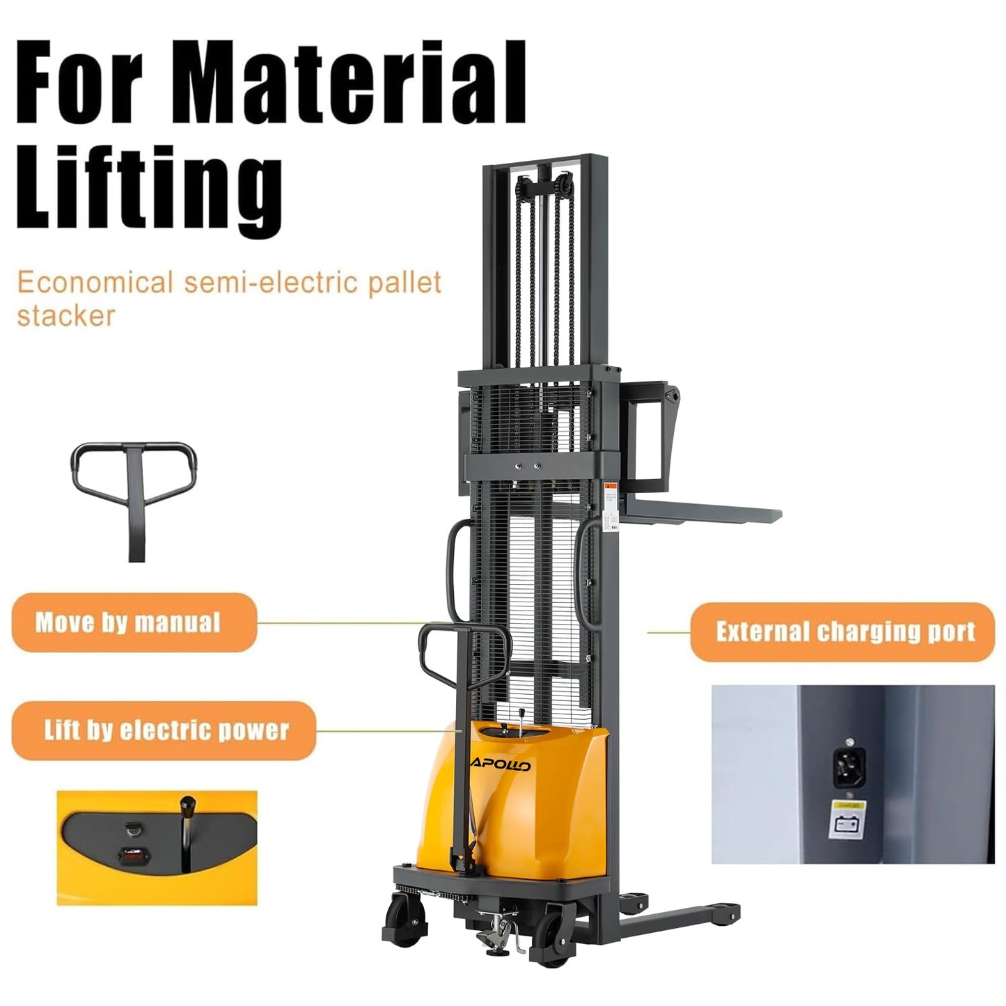 APOLLOLIFT Semi-Electric Pallet Stacker 3300Lbs Cap 118" Lifting Height Lift Stacker with Fixed Legs for Open Bottom Pallet