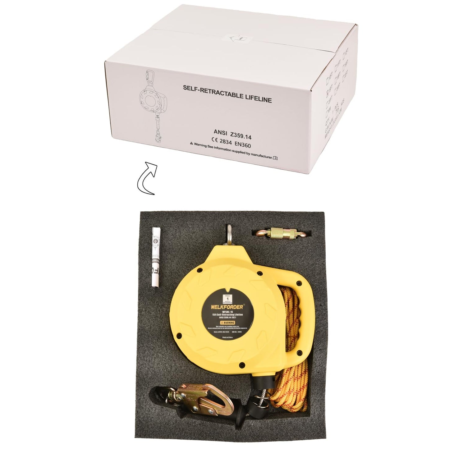 WELKFORDER Single Leg Self-Retracting Lifeline [Steel Cable] Internal Shock Absorber System Class 1 Retractable Lanyard with Quick-Action Brake ANSI&OSHA Compliant (15FT)
