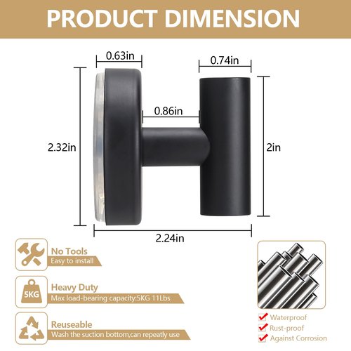MNGD Towel Hooks Shower Suction Hook Towel Hanger for Bathroom Hanging Coat, Robe, Removable Wall Mounted Hook for Bedroom Kitchen Hotel Pool Matte Black(2-Pack)