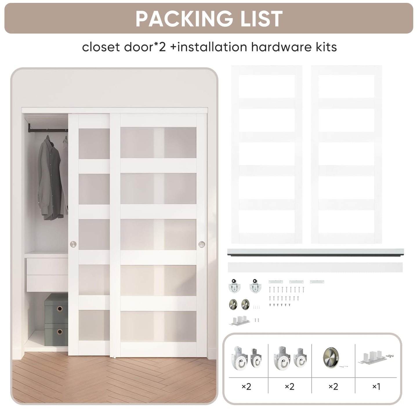 JUBEST Sliding Closet Door 60"(Double 31") x 80", 5-Lite Frosted Glass Bypass Door with Hardware Kit & Matching Fascia, Pre-Drilled Solid Wood Slab with Water-Proof PVC Surface, Easy to Install, White