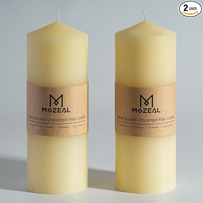 MOZEAL 3" x 8" Hand-Poured Unscented Candles,Large Ivory Pillar Candles Set of 2,No Drip,Approx 120 Hours Long Burning,Wedding,Dinner,Christmas and Home Decor（3 Inch Diameter 8 Inch Height）