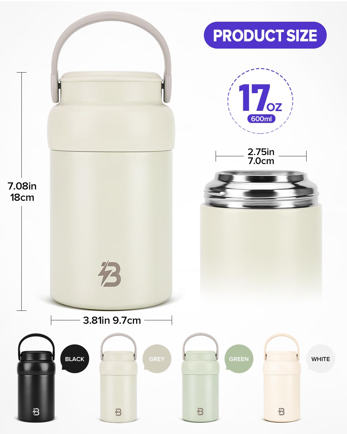 TSAKBAM Thermo Food Jar, 20OZ Stainless Steel Vacuum Insulated Lunch Containers with Spoon, Wide Mouth Thermo for Hot Food for Adults (Gray)