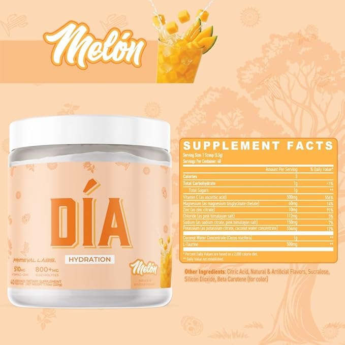 Primeval Labs Dia Hydration Electrolyte Powder | Vitamin C + Zinc, Taurine & Electrolytes | Low Sugar Daily Hydration Drink | 40 Serving Tubs | Melon