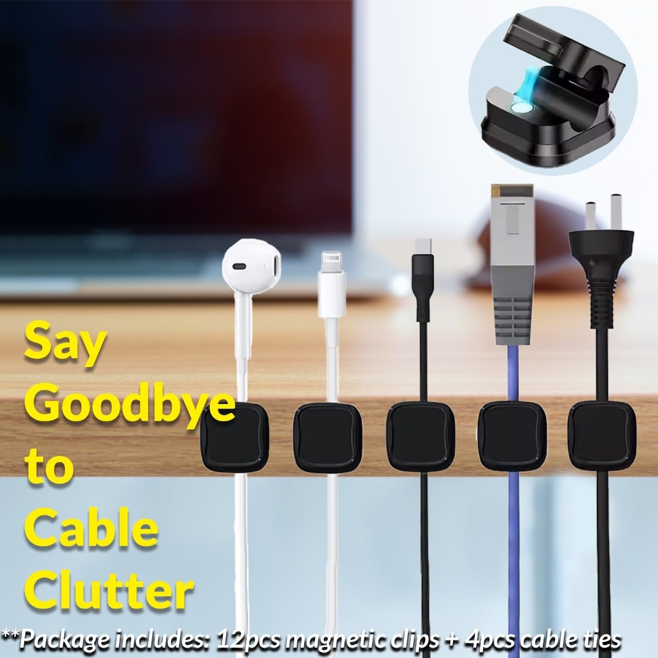 Generic 12-Pack 4 Cord Organizer Holder with Cable Ties Magnetic Cable Clips with Strong Adhesive Easy-Open Wire