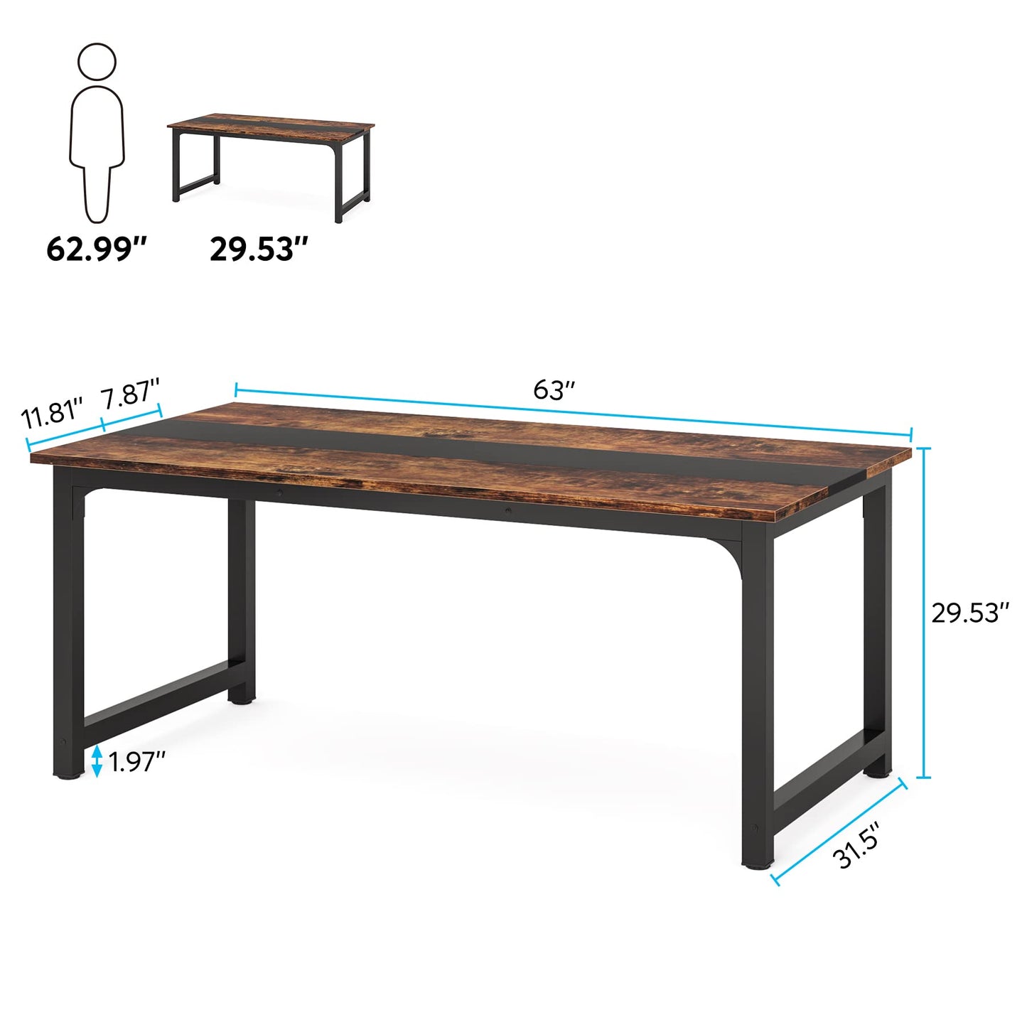 Tribesigns Modern Computer Desk, 63 x 31.5 inch Large Office Desk Computer Table Study Writing Desk Workstation for Home Office, Rustic/Black