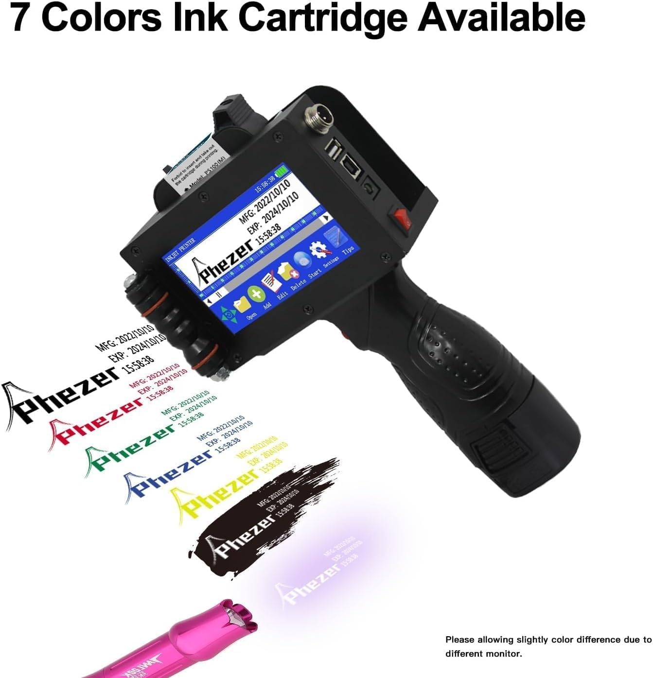 Phezer P16-1 Handheld Inkjet Printer, Printing Height 1 Inch with 72ml Solvent Ink Cartridge, Portable Intelligent Coding Machine for Expiry Date/Time/Barcode/QR Code/Logo (Metal Body)