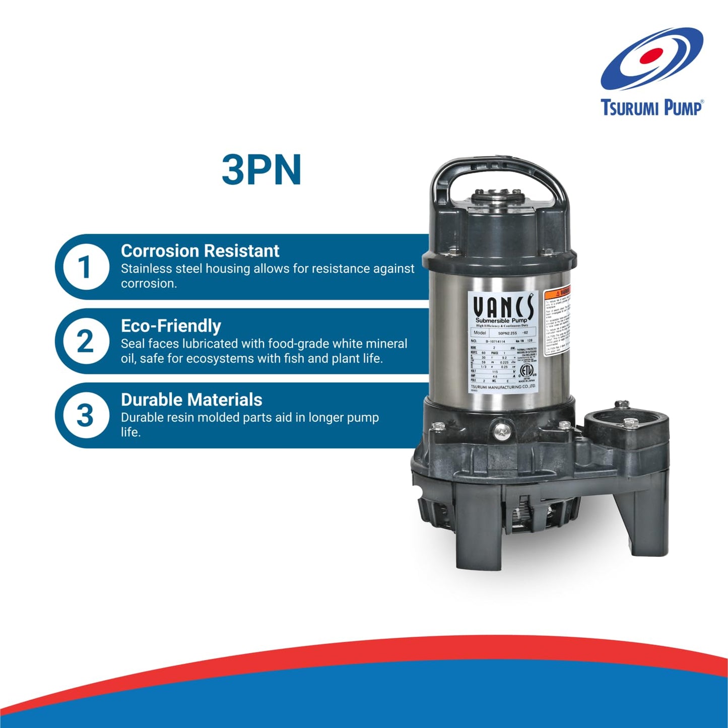 Tsurumi Pump 3-PN | Submersible Pond Pump/Waterfall Pump | 1/3 HP, 115V, 2 in Discharge | Ideal Water Feature Pump for Ponds, Fountains, Waterfalls | 59 GPM / 3540 GPH