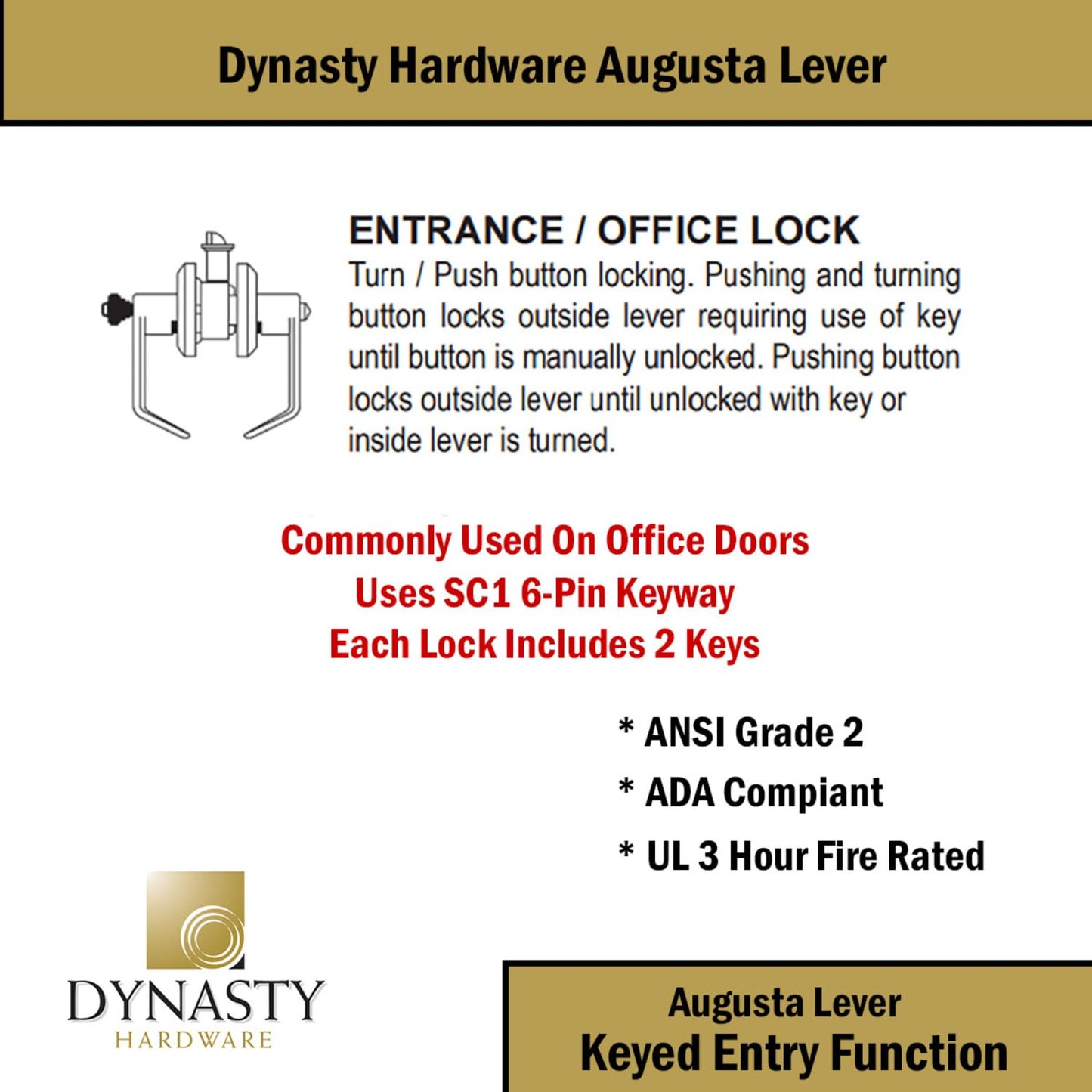 Dynasty Hardware Commercial Door Lock Keyed Lever Lockset, ADA Compliant, Grade 2 Heavy Duty Door Handle with Lock for Office, Entry, or Warehouse Use, Oiled Rubbed Bronze Finish, Model AUG-00-10B