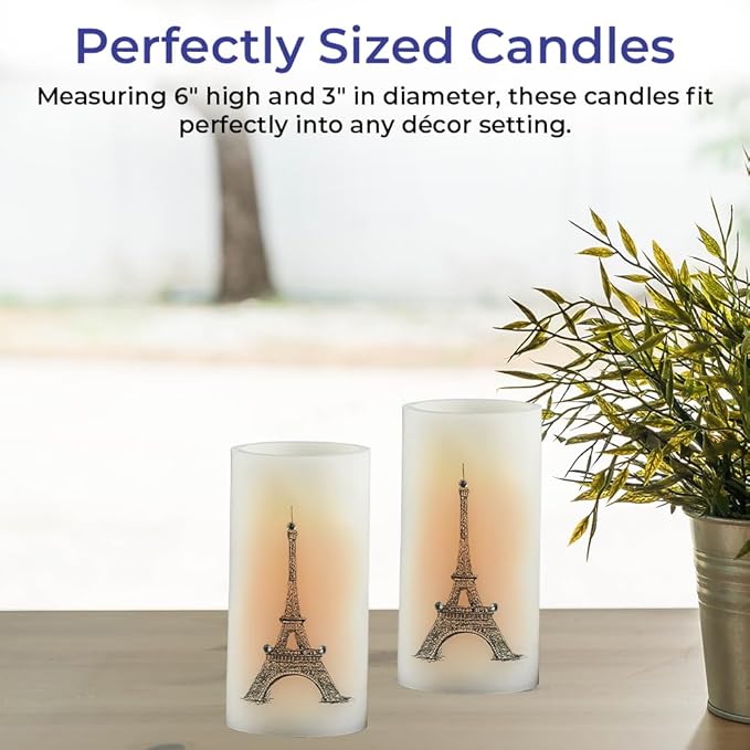 SAGEFINDS Eiffel Tower LED Candles, Set of 2, Flameless Real Wax Pillar Candles, Battery Operated, 6” x 3”