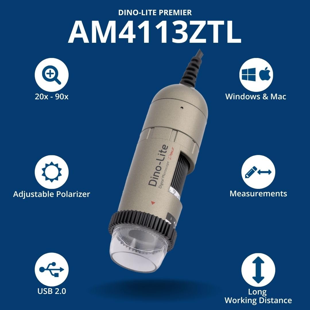 Dino-Lite USB Digital Microscope AM4113ZTL - 1.3MP, 20x - 90x Optical Magnification, Measurement, Polarized Light, Long Working Distance, Windows/Mac Software Included