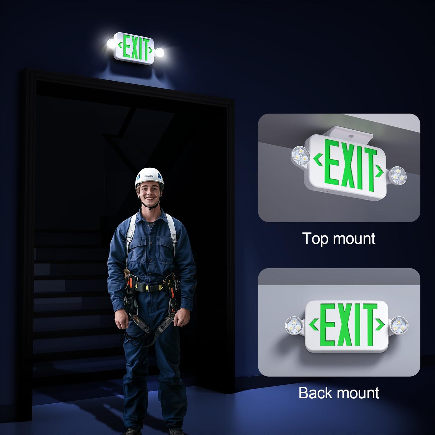 Led Exit Sign Emergency Light Combo Adjustable Two Head,Double Sided and Battery Backup Exit Light,Green Letter Hardwired Emergency Exit Sign,AC 120/277V,UL Listed,Ceiling&Wall Mount (6 Pack)