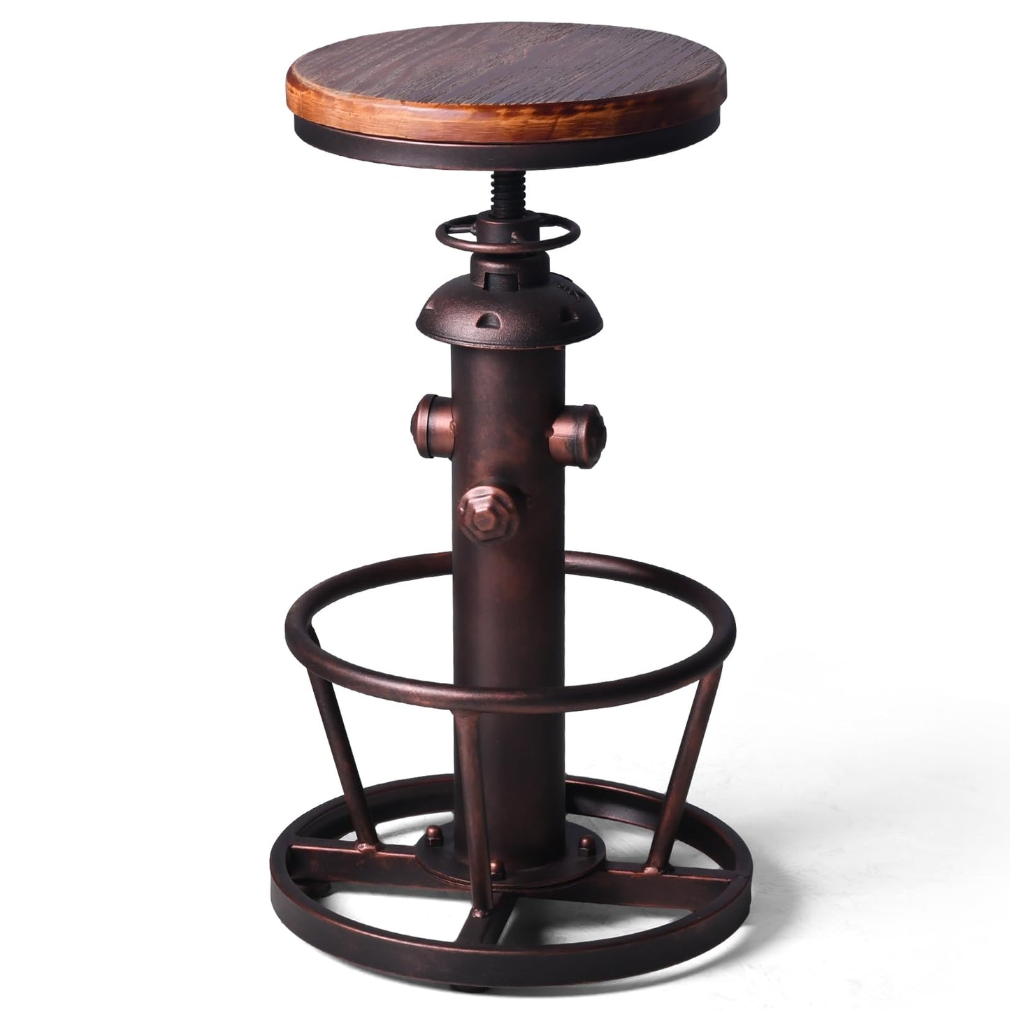 BOKKOLIK Vintage Swivel Bar Stool Industrial Coffee Kitchen Dining Chair Fire Hydrant Design Height Adjustable 24.8-30.7inch Solid Wooden Seat