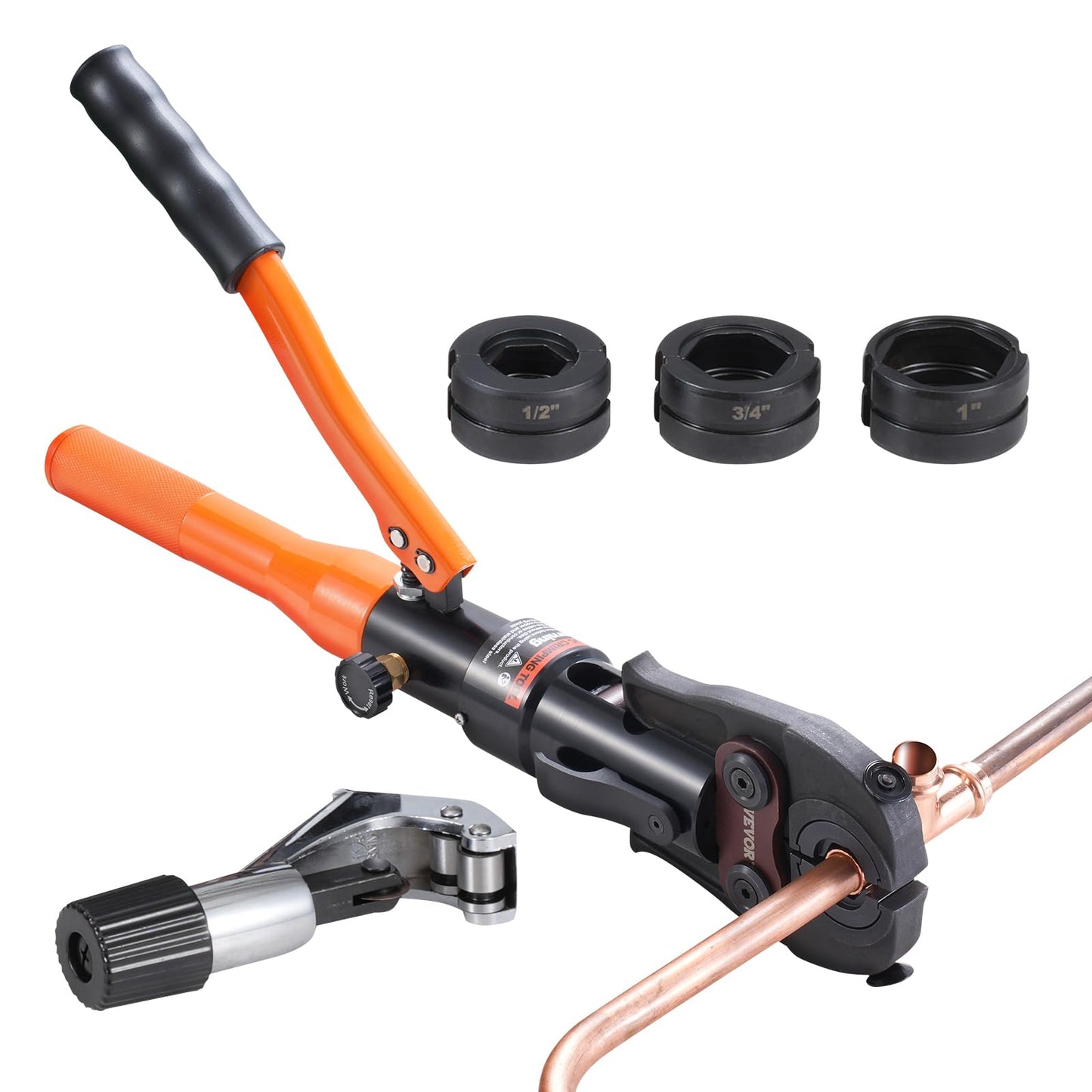 VEVOR Copper Pipe Crimping Tool, Hydraulic Driven Press Tool with 1/2", 3/4", 1" VUS Jaws, Copper Tube Fittings Pipe Crimpers for Narrow Spaces and Tee Fittings