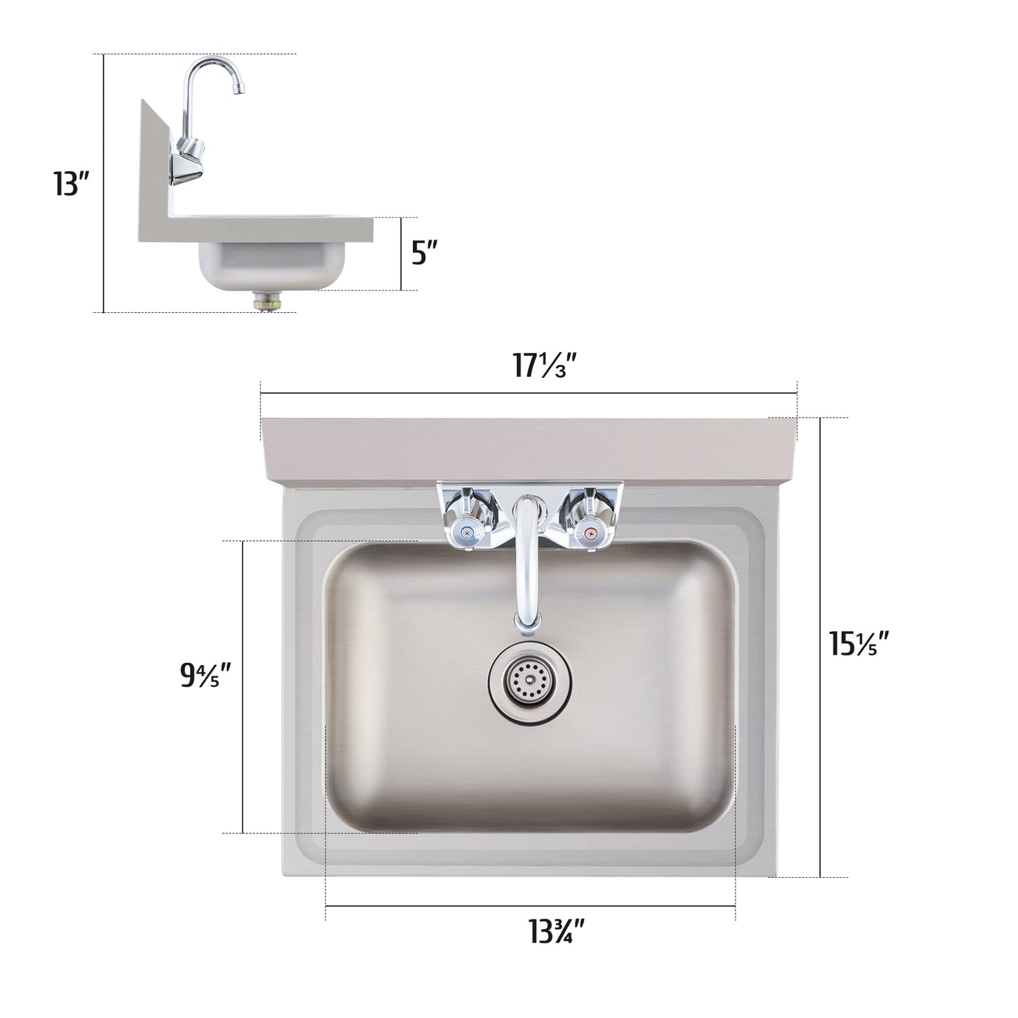WILPREP Hand Sink Commercial Stainless Steel Sink for Washing, NSF Utility Sink with Gooseneck Faucet, Wall Mount Kitchen Sink for Restaurant Bar RV Bathroom Laundry Room (17 x 15 Inches)