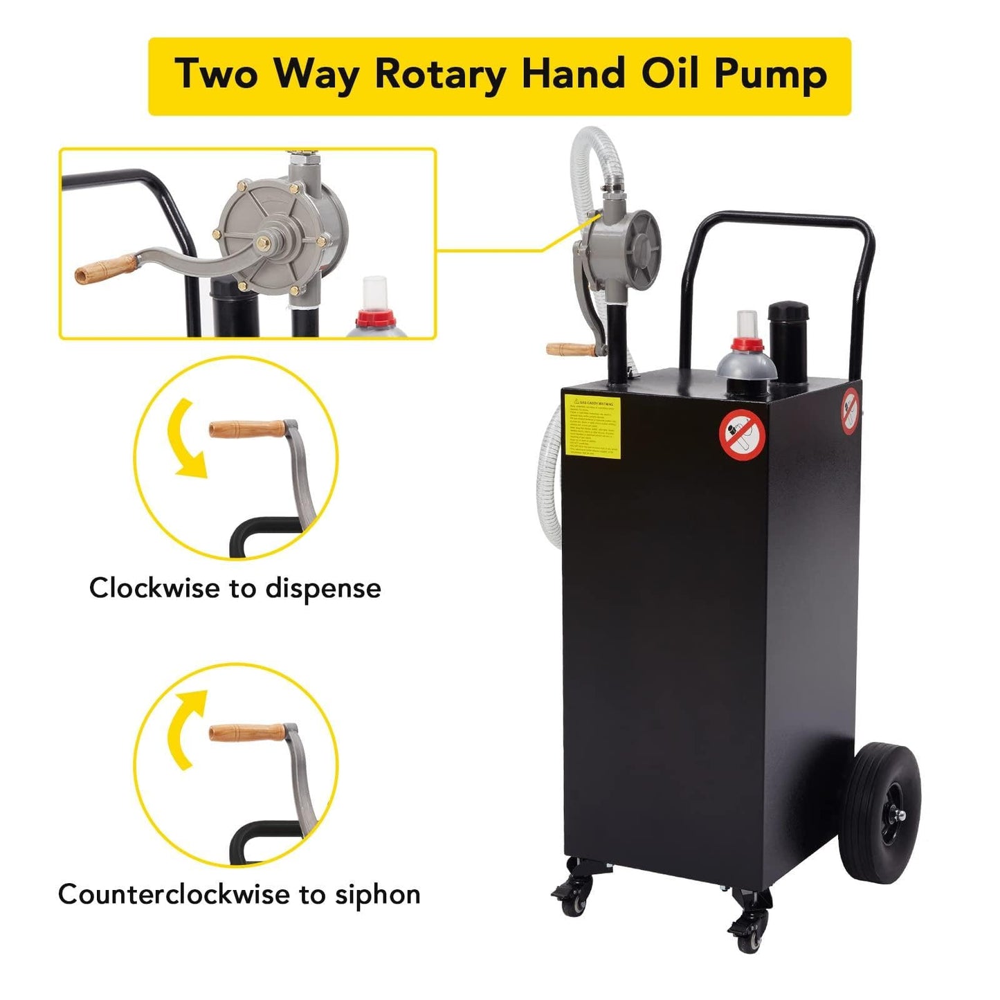 40 Gallon Fuel Transfer Tank - Portable Gas Caddy with Hand Siphon Pump & Flat-Free Wheels for Automotive Diesel Engine Oil Storage, Rolling Garage & Farm Fuel Carrier, Black