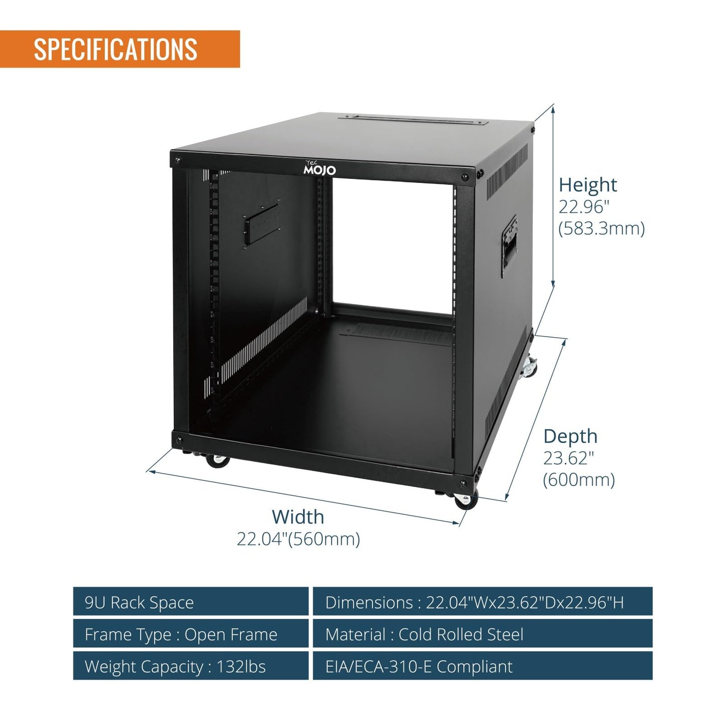 Tecmojo 9U Portable Rolling Network Rack, 4-Post Mobile Open Frame Server Rack with Wheels, Free Standing Server Cabinet for Computer/Data/AV/IT Equipment/Network Equipment