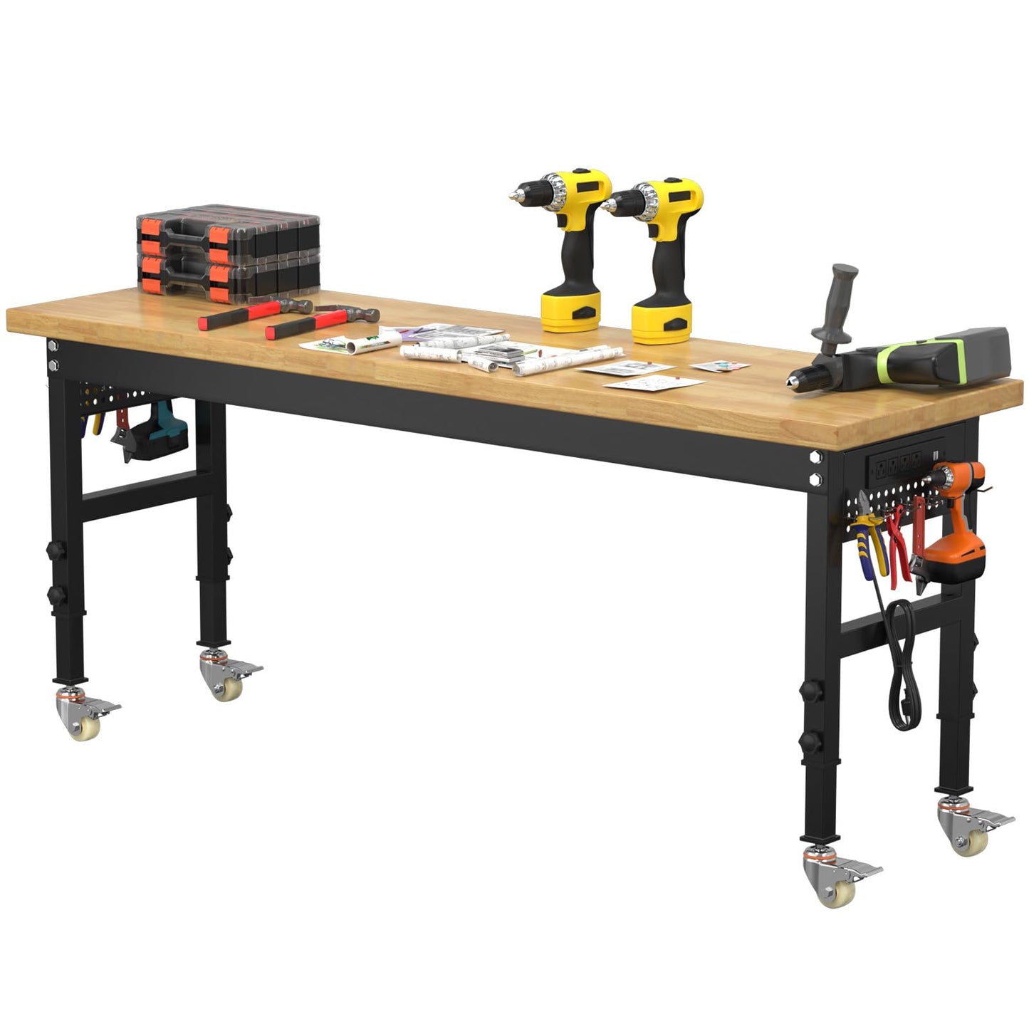 Pelnuies 70" Heavy Duty Solid Wood Work Bench with Pegboard, Adjustable Height Workbench with Wheels and Power Outlets, 2000 LBS Capacity Work Table for Garage, Workshop, Office, Home
