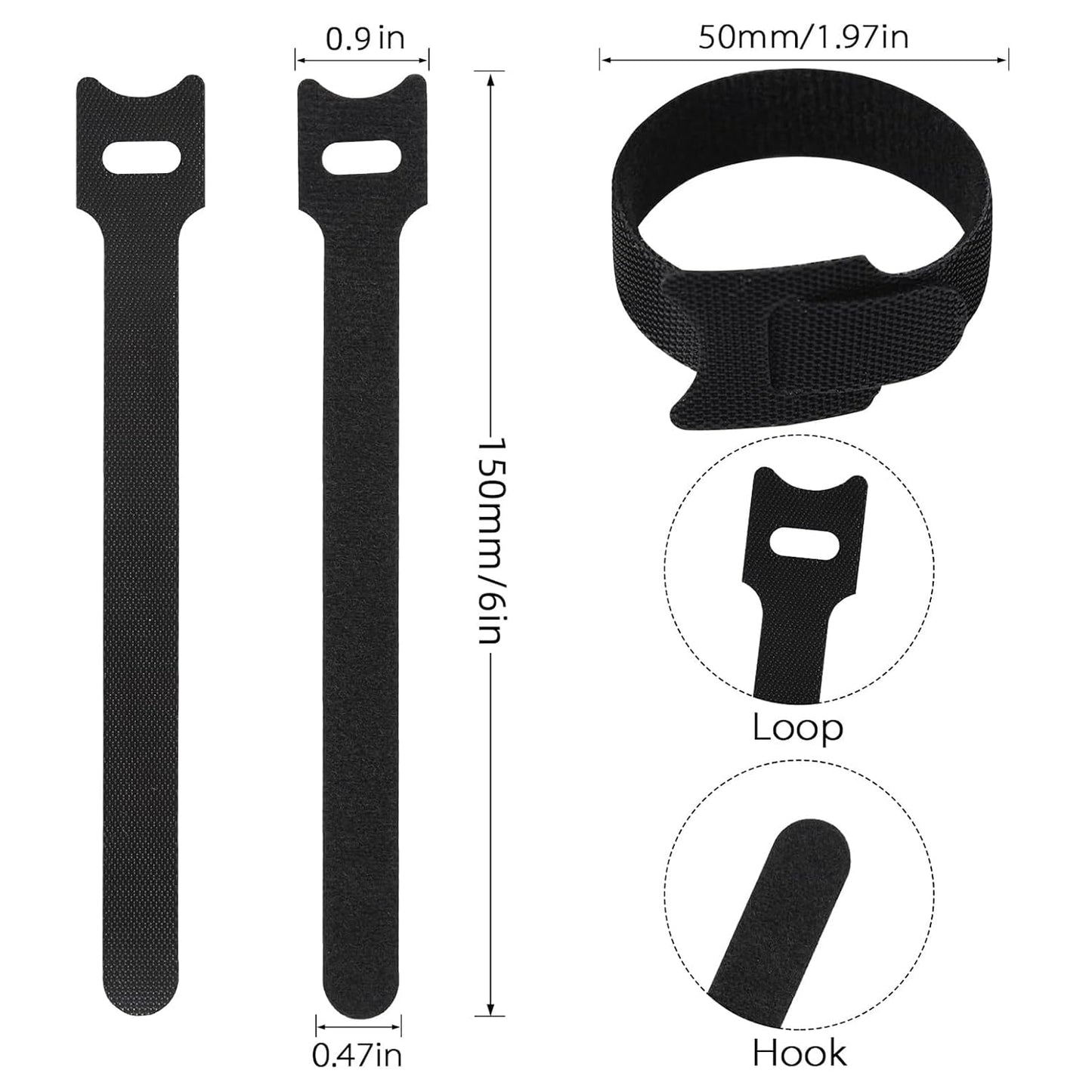 NIOPELO 100PCS Hook and Loop Straps - 6 Inch Reusable Cable Ties for Cable Management, Adjustable Cord Organizer Hook & Loop Straps for Home, Office and Data Centers, Black