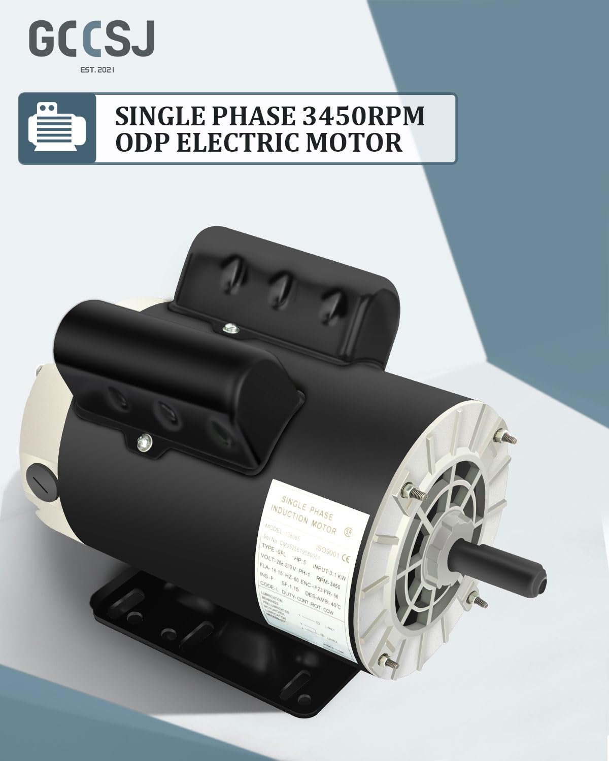 5HP SPL Electric Motor 3450 RPM, Air Compressor Motor, Single Phase 56Frame Motor, 208V-230V 5/8" Shaft Diameter Rolled Steel Shell 60HZ
