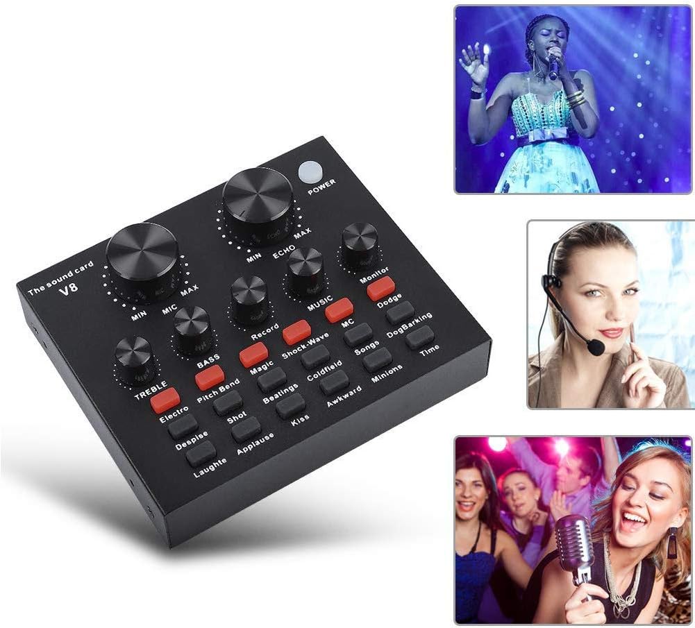 ZHANGLI V8 External Sound Card, USB Live External Sound Mixer Board, Voice Changer Sound Card with Multiple Sound