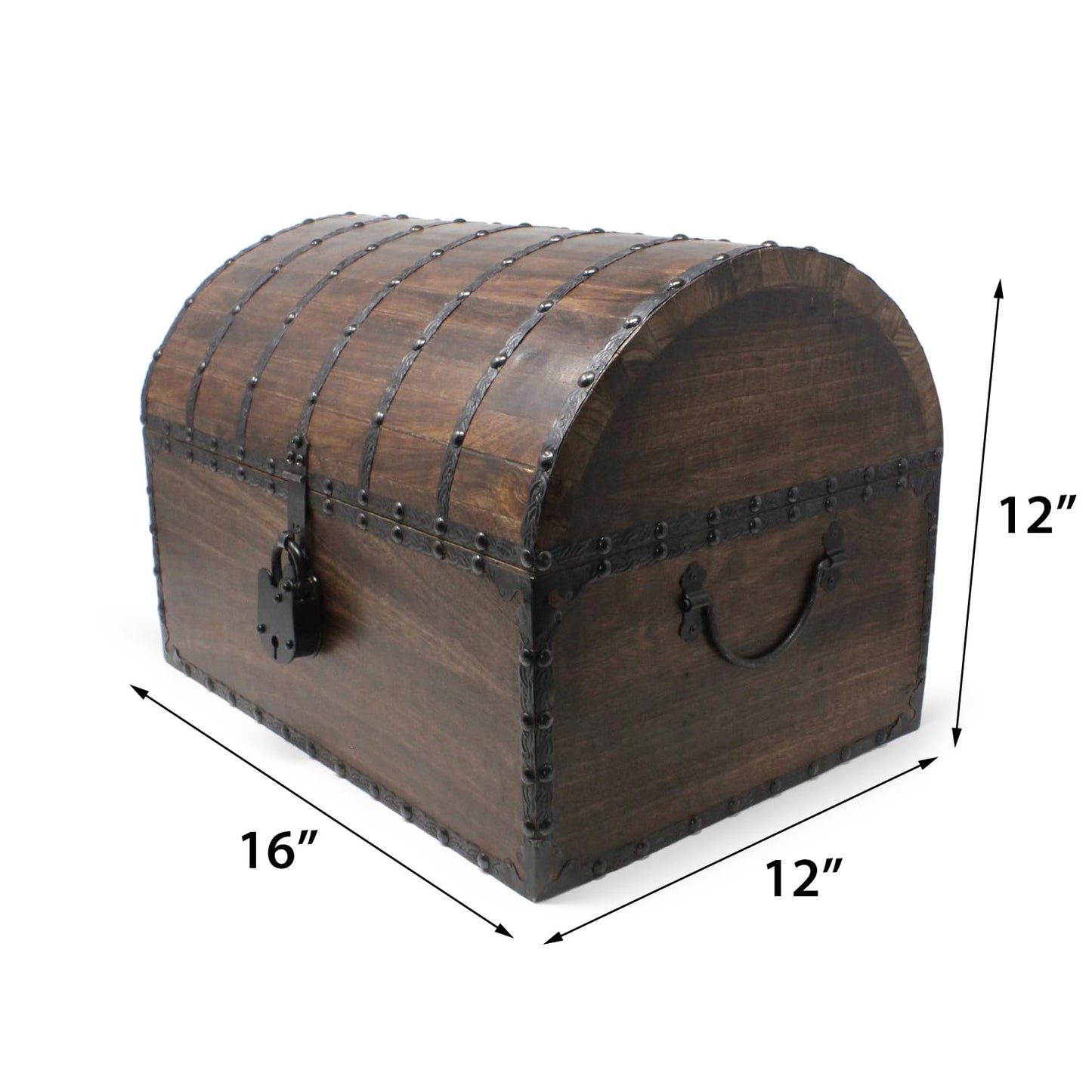 Nautical Cove Wood Treasure Chest with Decorative Rivets and Reinforcing Iron Strips with Lock and Skeleton Keys (Dark Antique, X-Large 16x12x12) – Wooden Keepsake Box, Pirate Decor, Storage Chest