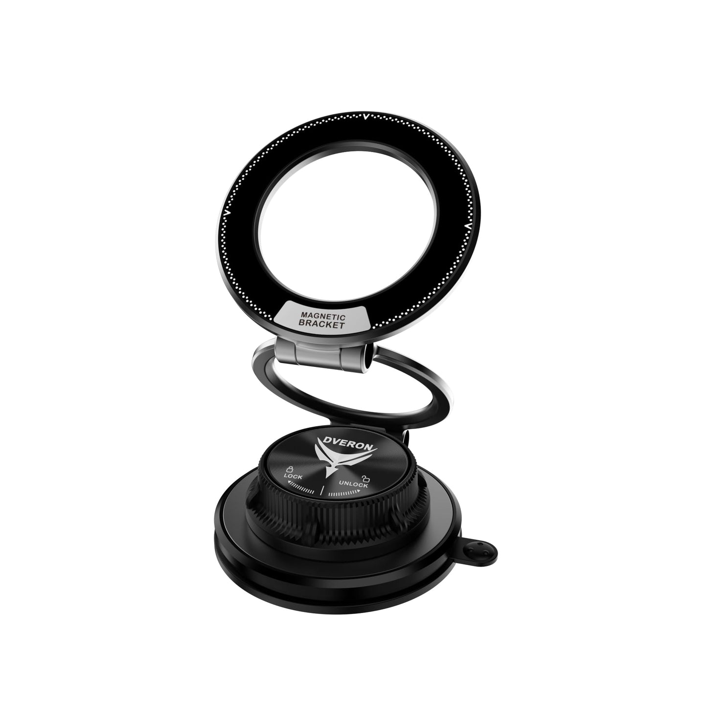 Metal Magnetic Car Mount with Vacuum Suction Base, 360° Rotatable Phone Holder Compatible with MagSafe, Foldable, Black, Magnetic Ring Included for Your Car/Gym/Mirror Mount for iPhone & Android