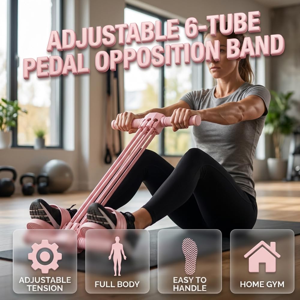 Multifunction Pedal Resistance Bands with Handles for Full Body Home Workout, 2026 Upgrade 6-Tube Elastic Yoga Pedal Puller Resistance Band, Adjustable Tension, Target Abs, Arms & Legs (Pink)