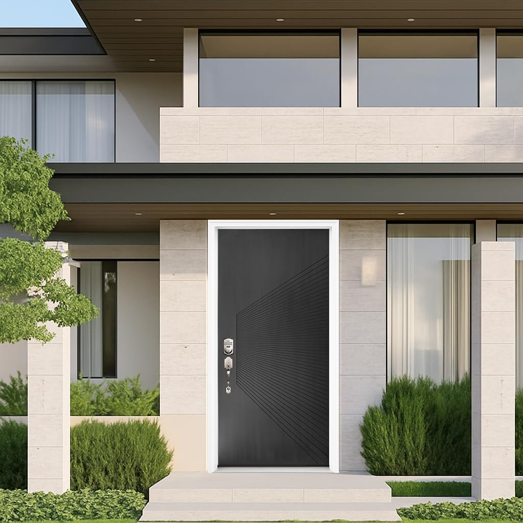Exterior Fiberglass Door 36x80in Onyx Black, Metallic Look with Radiating Groove Design Front Entry Door Right-Hand Inswing, Textured Surface Knock-Down Door with Brickmould, Vinyl Frame