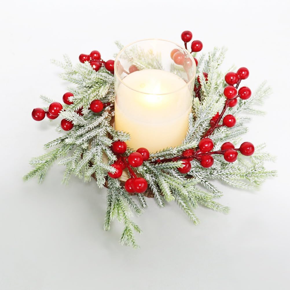 Skiennix 2-Piece Christmas Wreath Candle Rings - Artificial Cedar & Cypress with Red Berries for Holiday Table Decor
