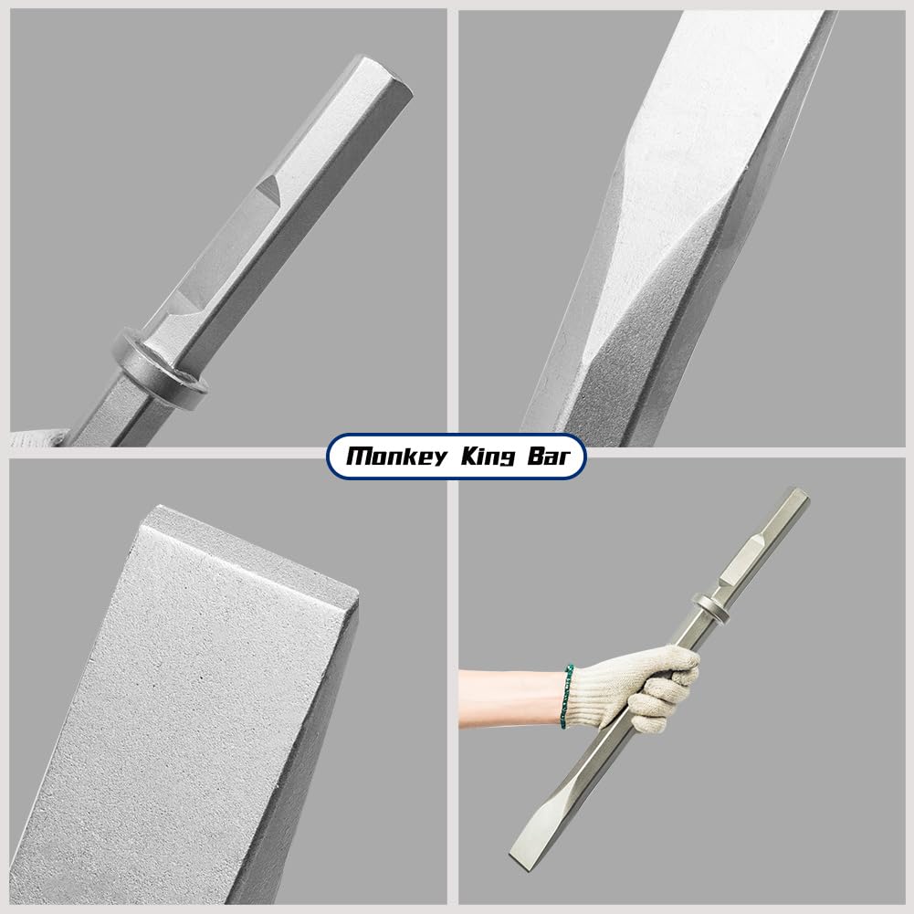 Monkey King Bar- Long 20 Inch Hex Chisel Bit- Flat Chisel Bit Ideal for Removing Masonry- Round Hex & Spline Hammer Steel