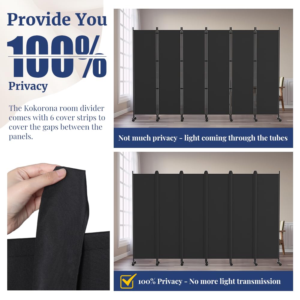 Kokorona 6 Panel Room Divider, 6FT Tall Rolling Privacy Screen with Lockable Wheels, Folding Wall Dividers Portable Room Divider for Room Separation, Included - Cover Strips, Black, 119''W x 70''H