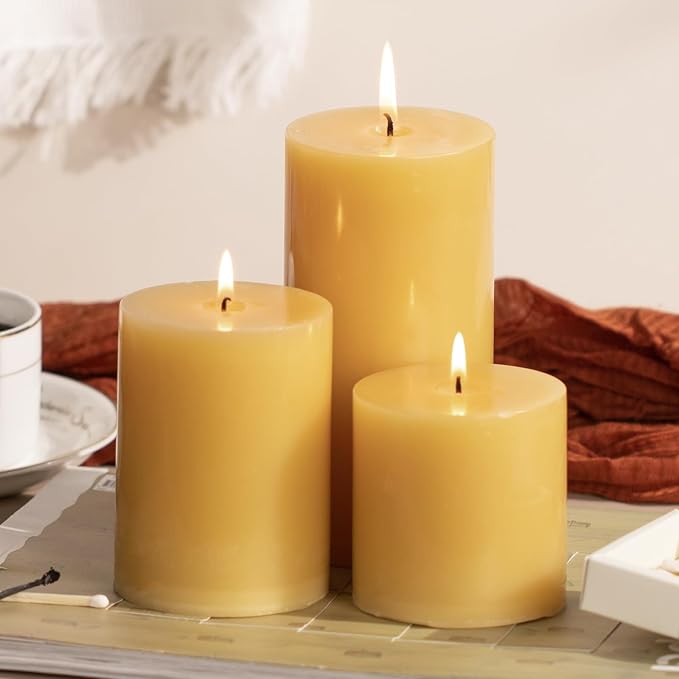 KONNI Mustard Yellow Pillar Candles Set of 3, 3"x 3" Unscented Pillar Candles Bulk, 30 Hours Long Burning Candles, Smokeless&Dripless Large Round Candle for Wedding, Home Decoration, Parties
