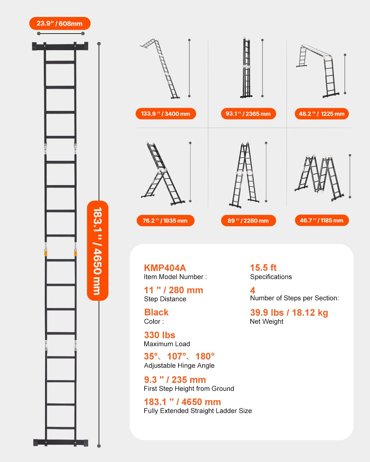 VEVOR Multi-Purpose Folding Ladder, 7-in-1 Tall Extension Step Ladder, A Frame 4 Step with Scaffolding Plank Telescoping Ladder, 15.5ft Reach Height Heavy Duty, 330 lbs Capacity for Home Outdoor