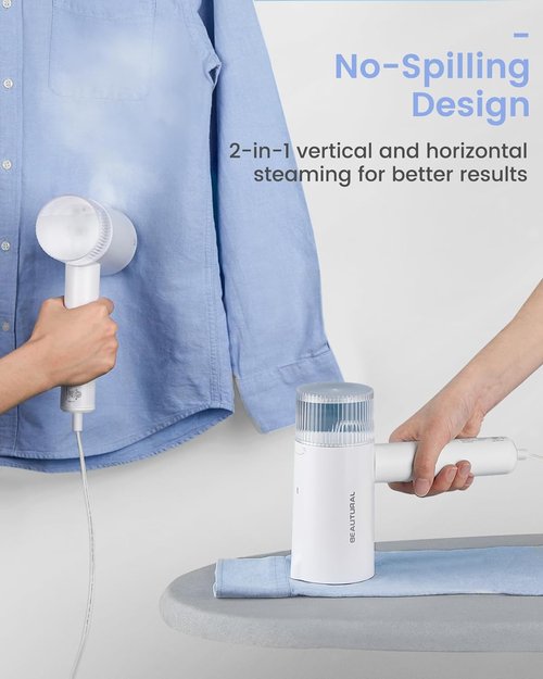 Beautural Portable Clothes Steamer - Fast 30s Heat-Up, Handheld & Foldable Design, White