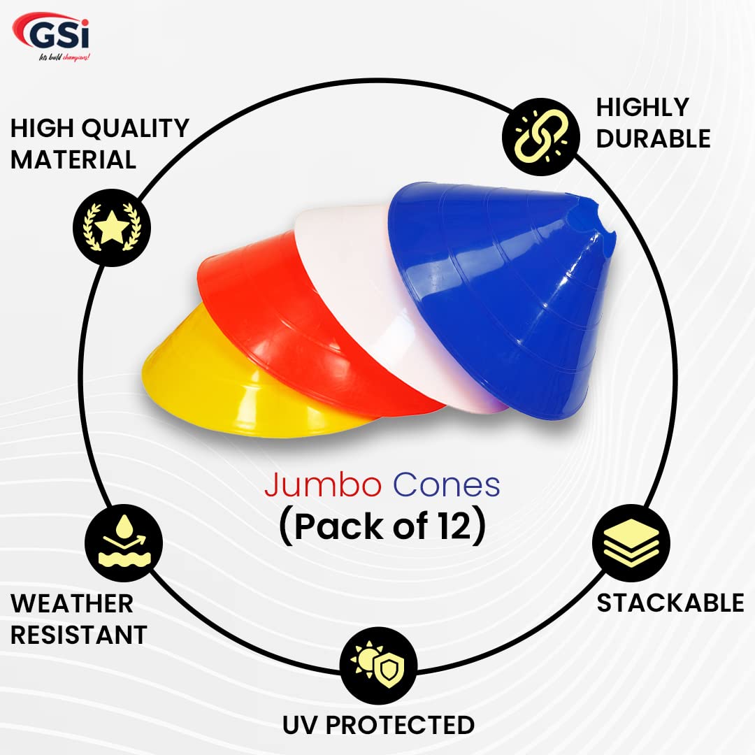 GSi Jumbo Soccer Cones - 12 Pack | High Visibility | Convertible Cone/Hurdle | Carry Strap Included | for Sports Training Drills