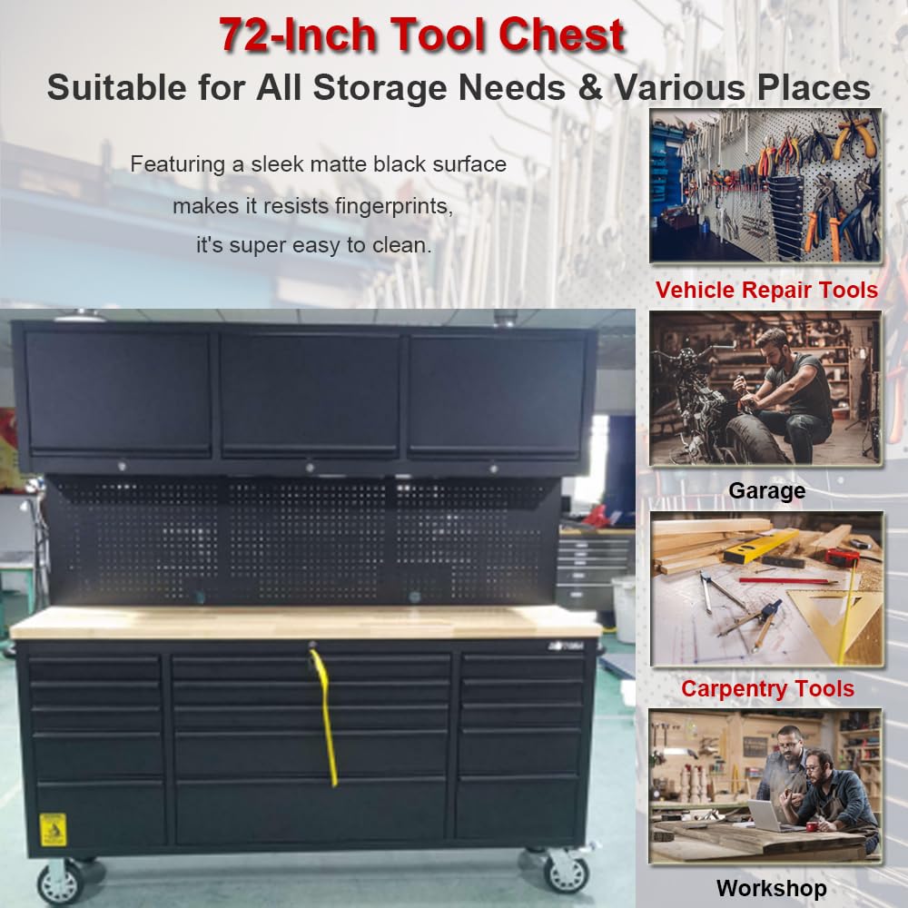 UYRIE 72'' Rolling Tool Chest with 15 Drawers + 3 Upper Cabinets, Large Tool Box, Matte Black Mobile Workbench, Lockable Storage Cabinet with Wheels for Garage Workshop (1 × HTC7218PC)