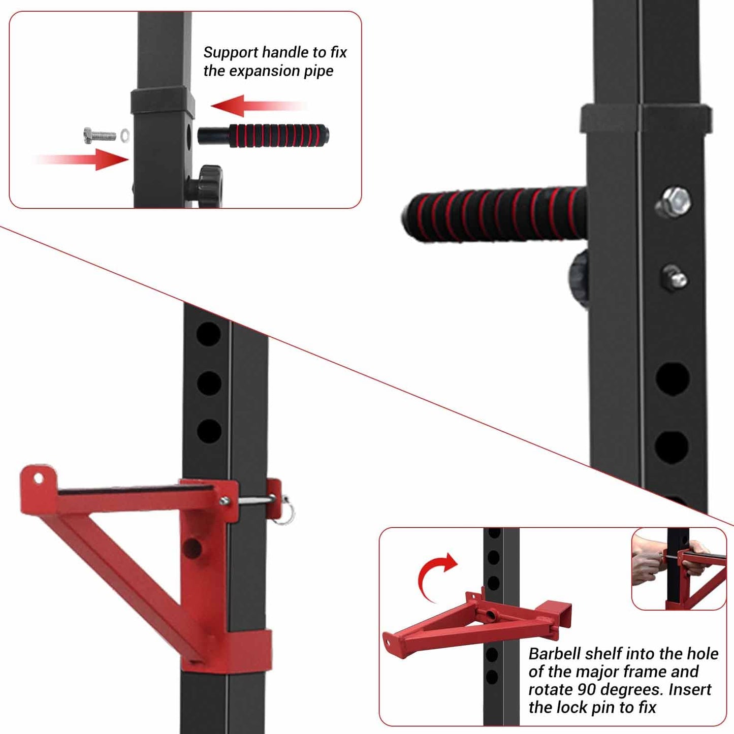 CANPA Squat Rack, Adjustable Barbell Rack Strength Training Barbell Stand with Dip Station Multi-Function Squat Stand Equipment for Home Gym Fitness 600Lbs（red）